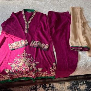 Elegant Magenta and Cream Embroidered Dress Set
